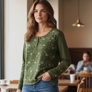 Funky People Embroidered Boho Olive Green Top size Medium